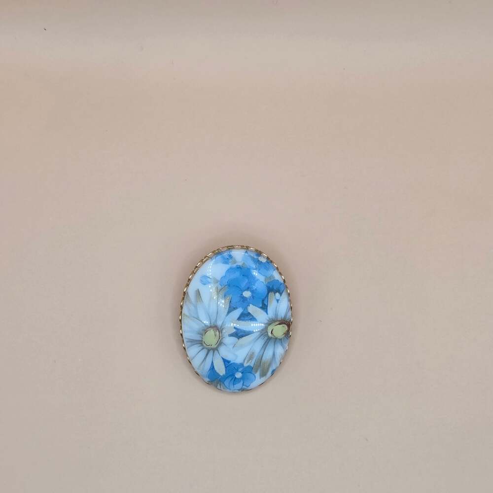 Vintage Ceramic Oval Shaped Daisies and Blue Flowers Brooch Pin